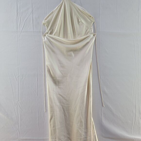 NWT MESHKI Ivana Ivory Sand Satin Halter Slinky Backless Mini Dress Tieback M - Picture 3 of 12
